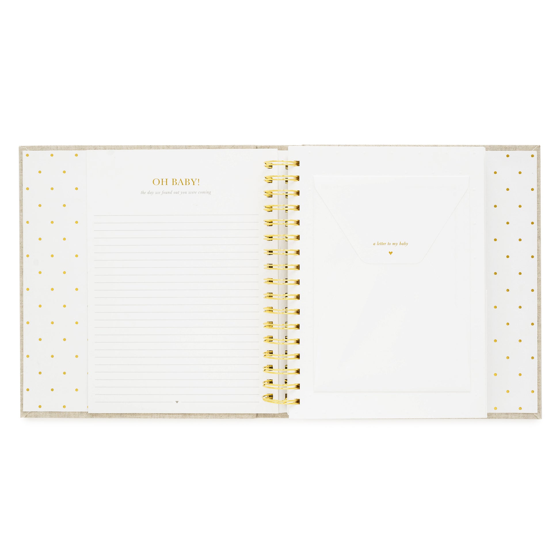 baby book open to notes pages and pocket for a letter to your baby