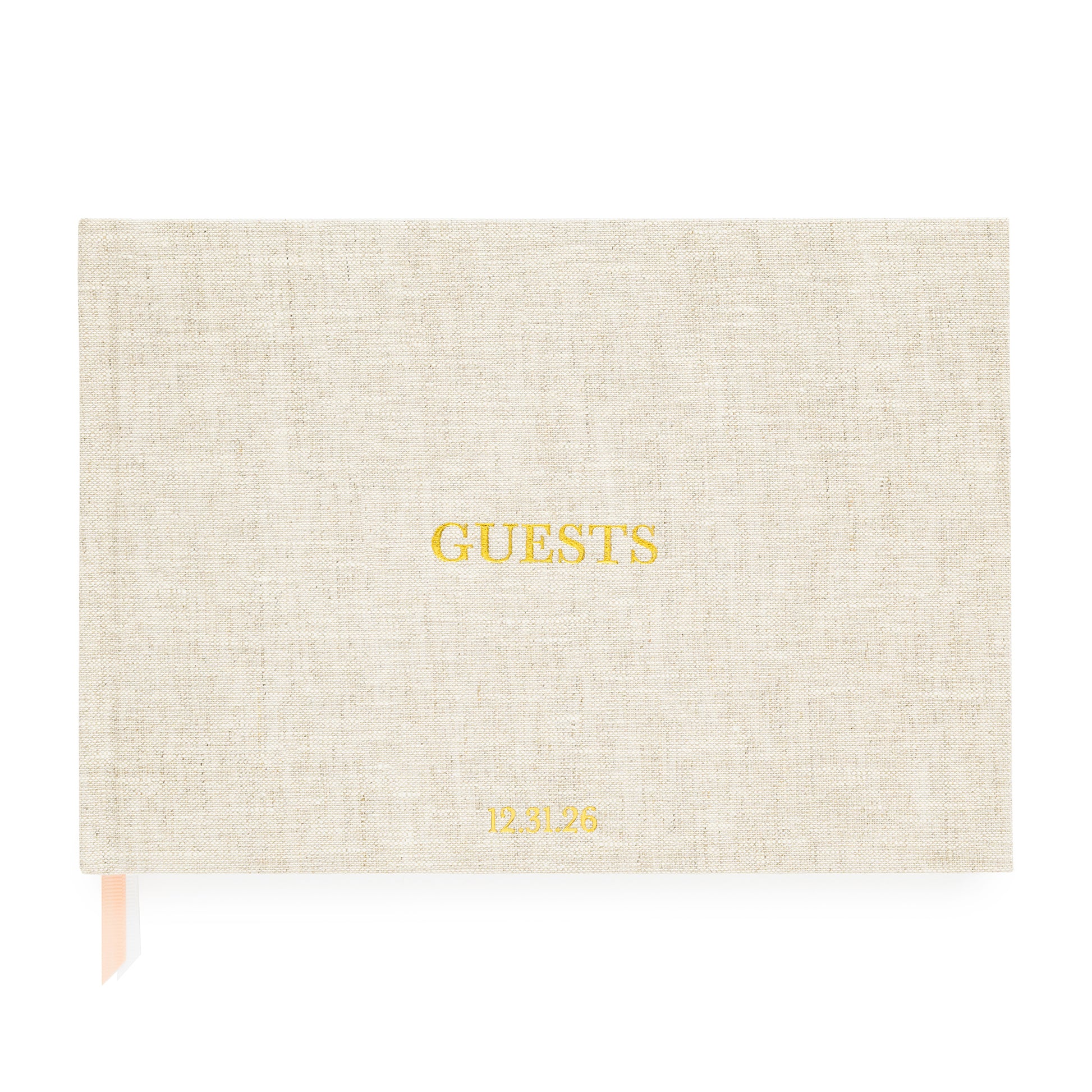 Flax Guest Book with our holiday Guests foil stamped on cover and date monogram