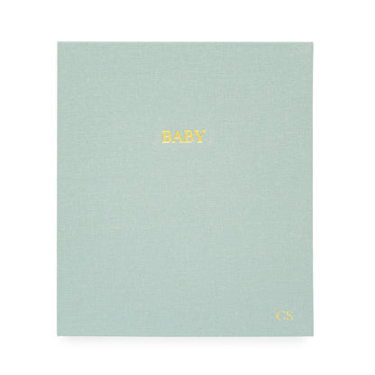 Mist Green Baby book with gold foil baby and monogram initials