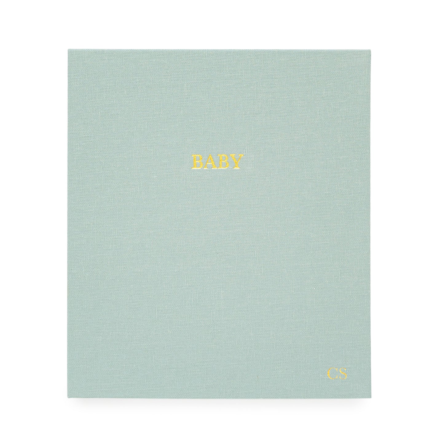 Mist Green Baby book with gold foil baby and monogram initials