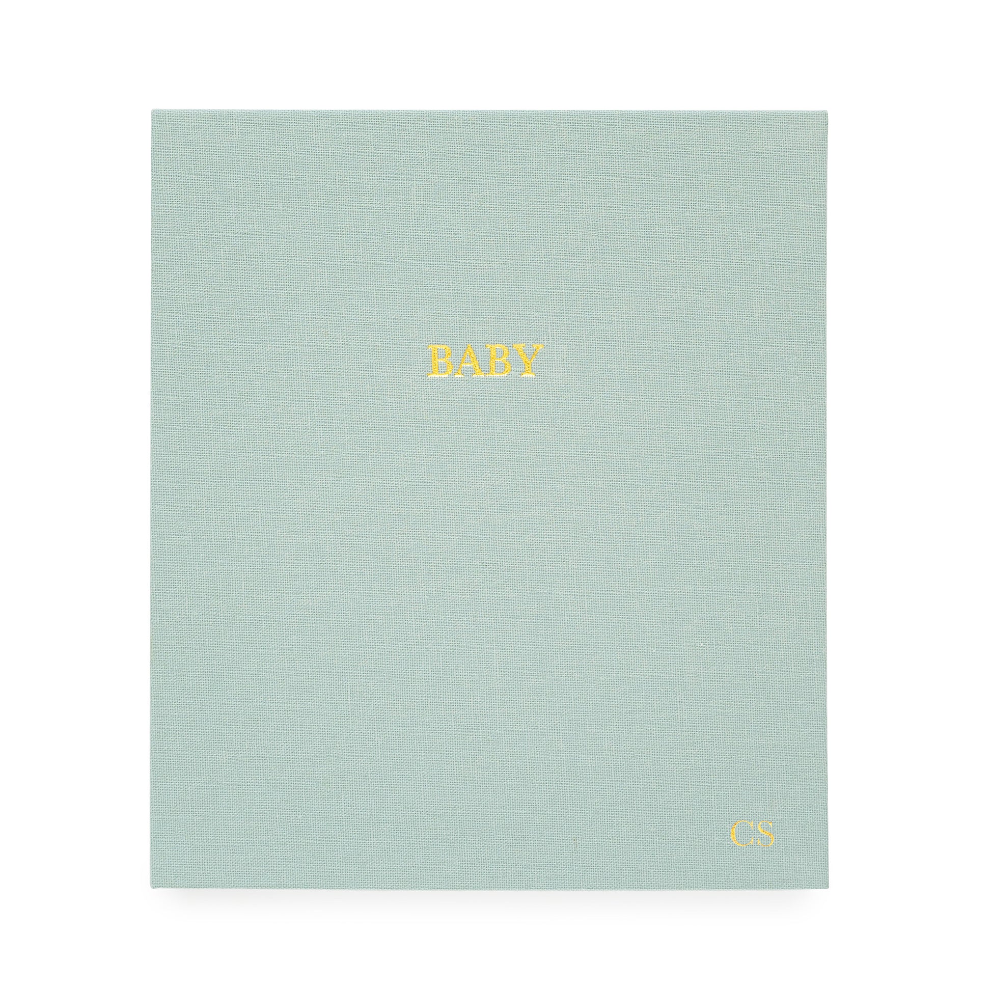 Mist Green Baby book with gold foil baby and monogram initials