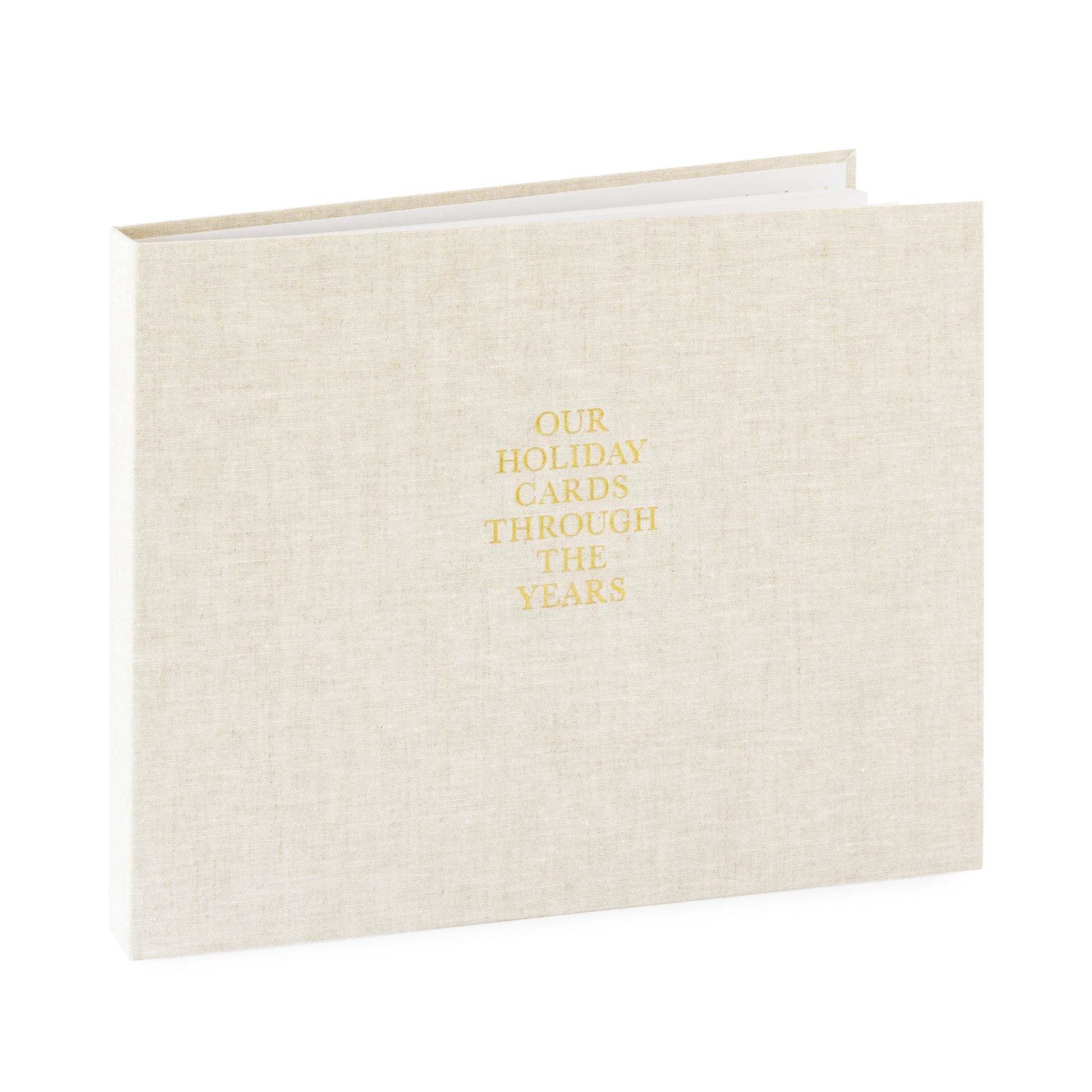 Flax fabric bound keepsake book with gold foil 'our holiday cards through the years' on cover