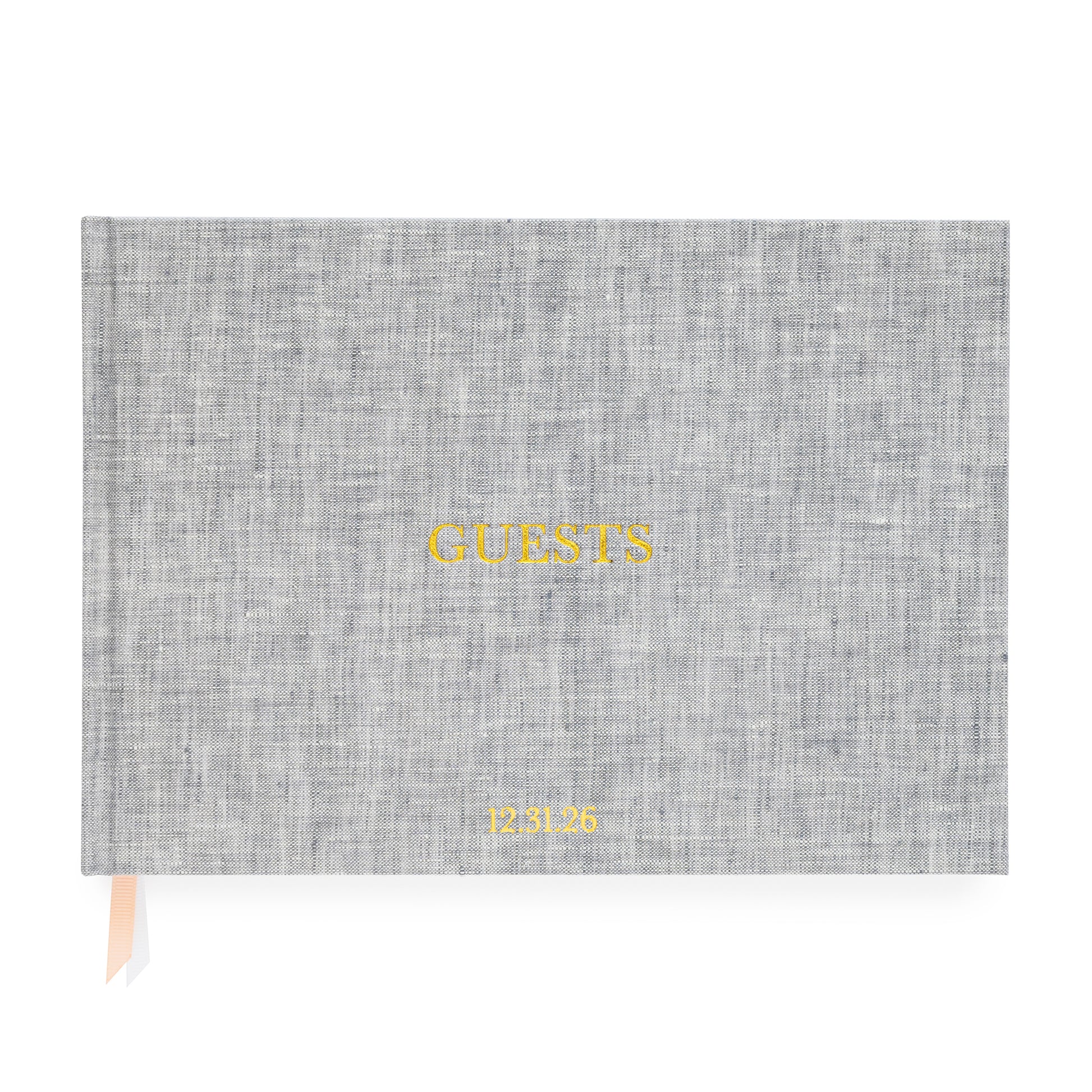 Heather Grey Guest Book with Guests stamped on cover and date monogram