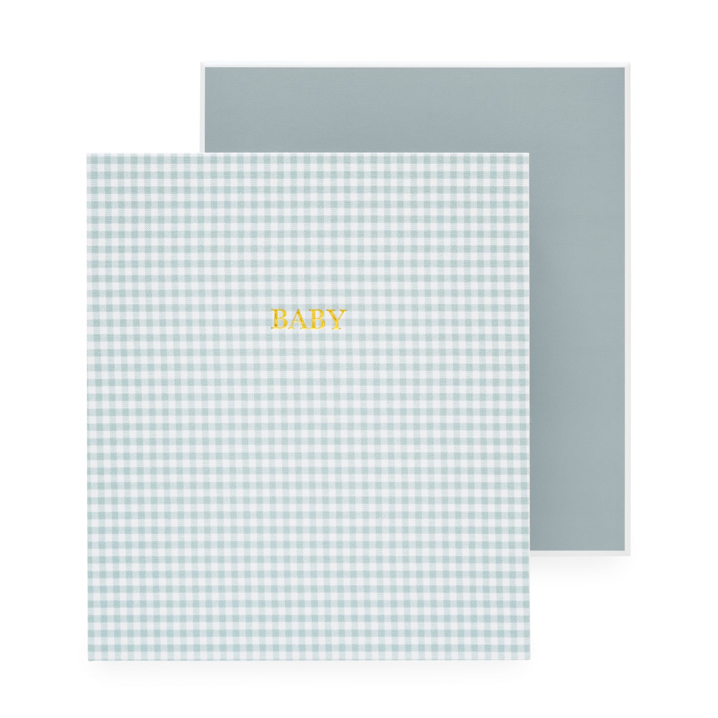 blue gingham baby book stacked with blue exterior box