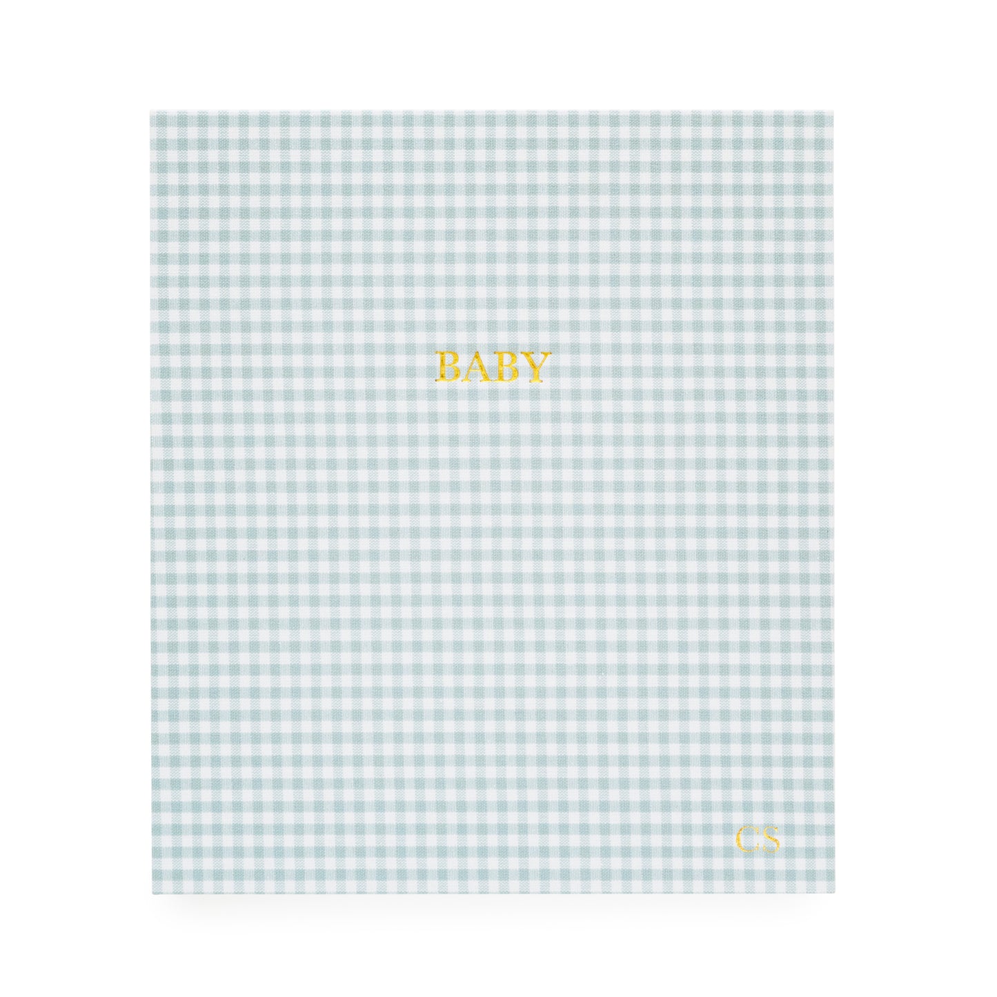 Blue and white gingham fabric cover foil stamped with baby on the cover