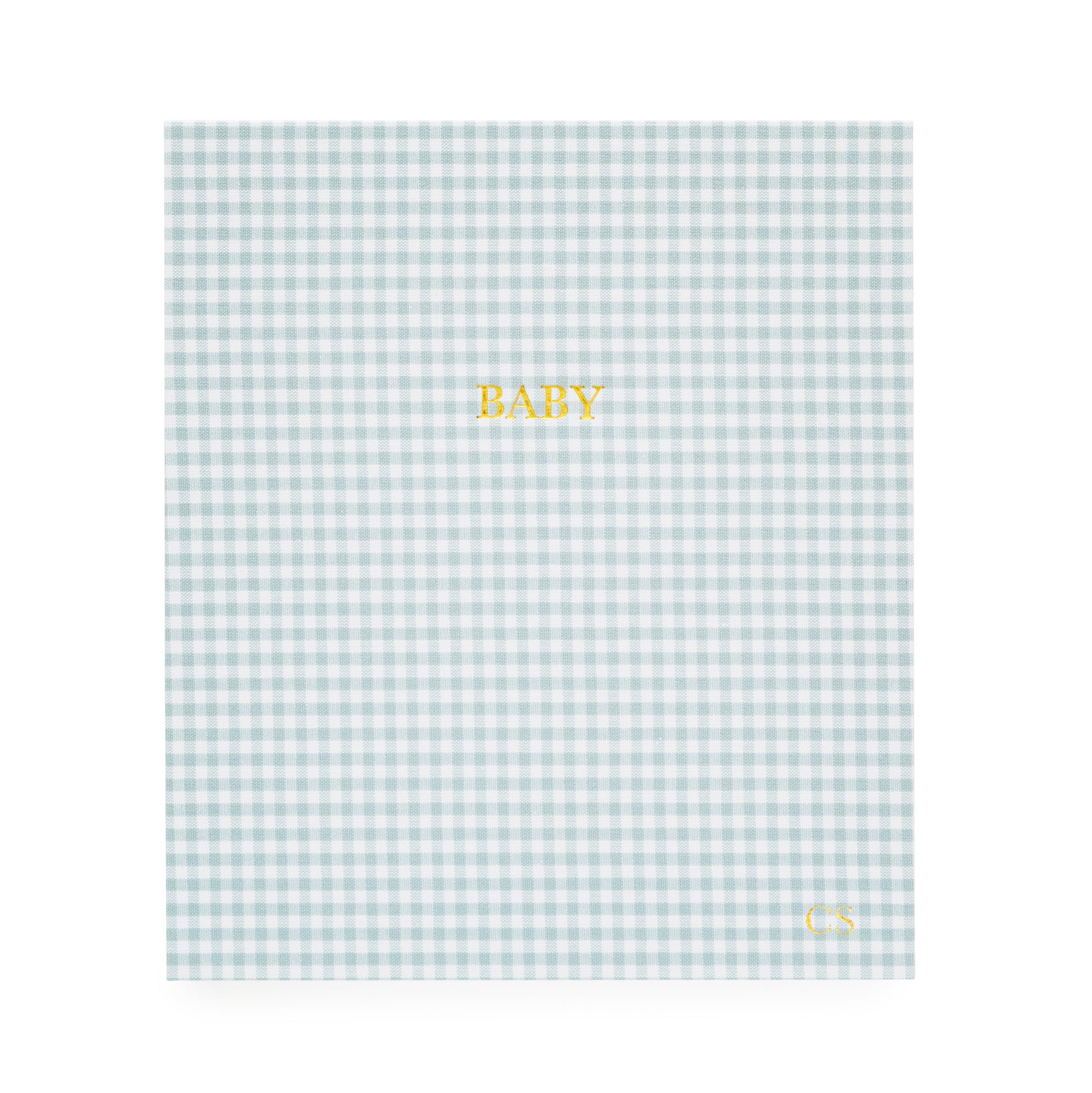 Blue and white gingham fabric cover foil stamped with baby on the cover