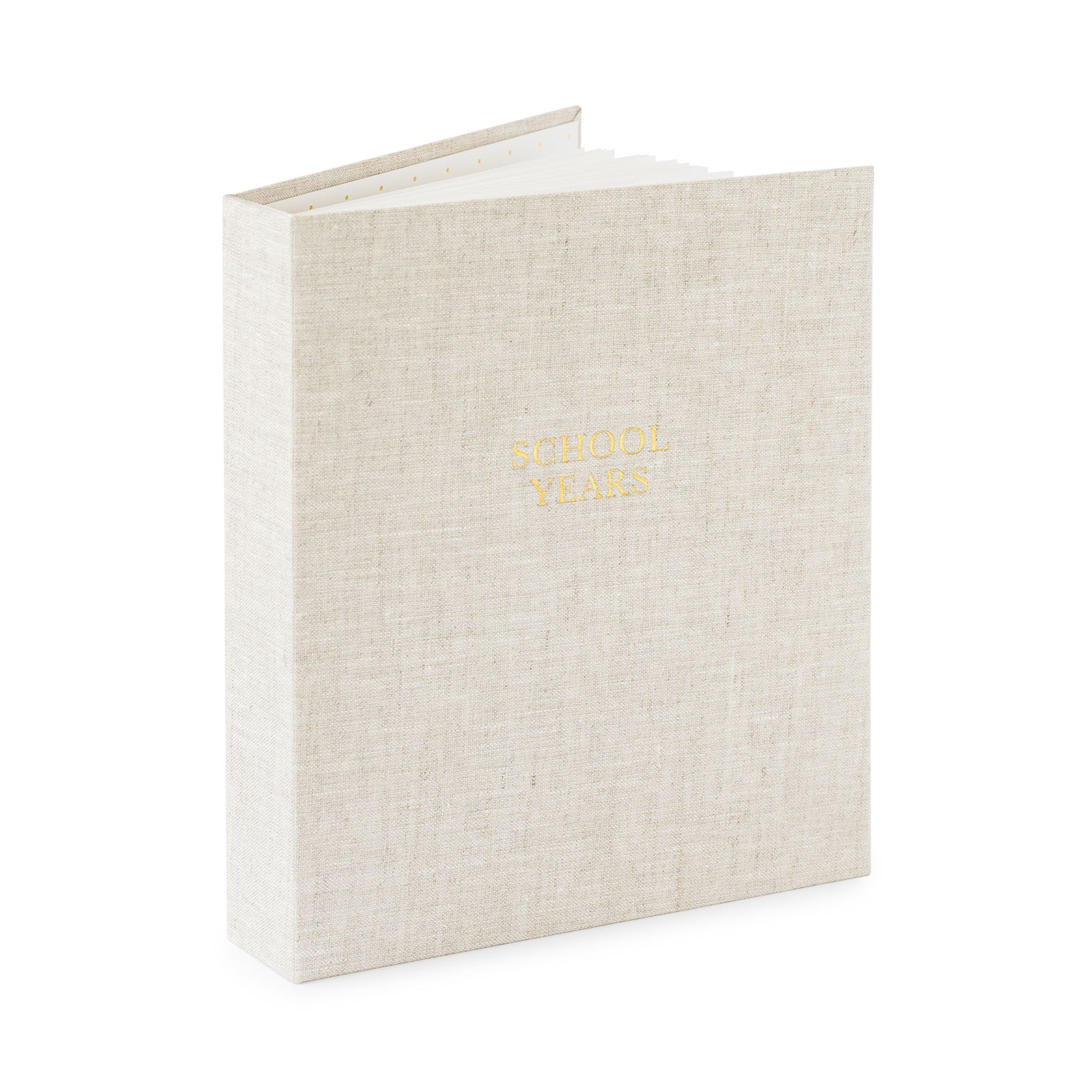 flax fabric school years book open showing pages and foil stamped with school years in gold on cover