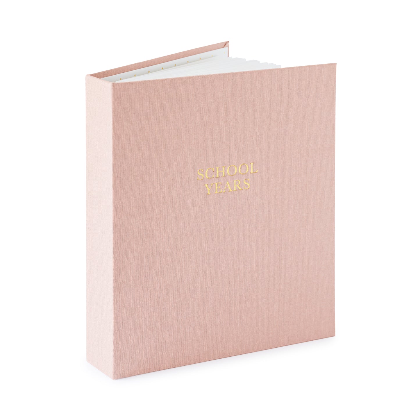 rose fabric school years book open showing pages and foil stamped with school years in gold on cover