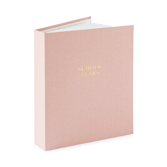 rose fabric school years book open showing pages and foil stamped with school years in gold on cover