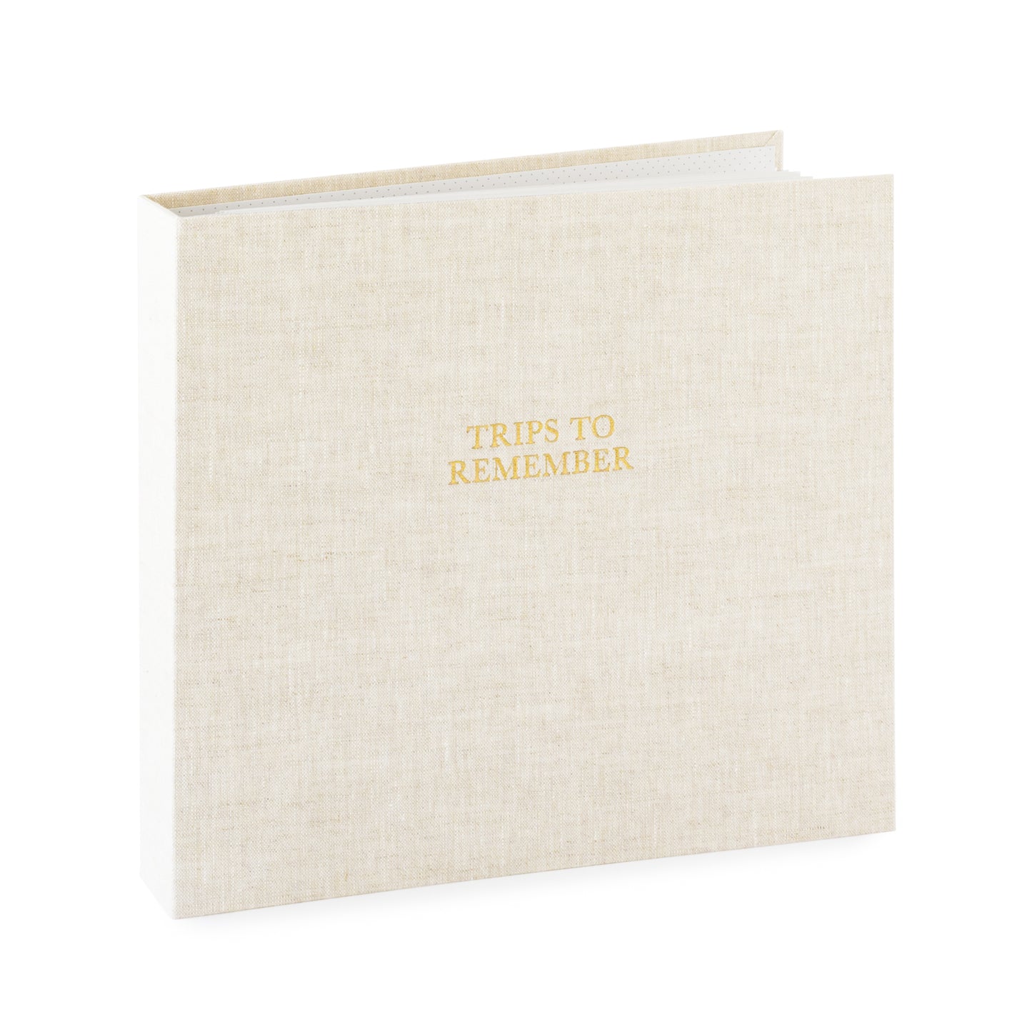 Flax fabric bound photo album with gold foil printed 'trips to remember'