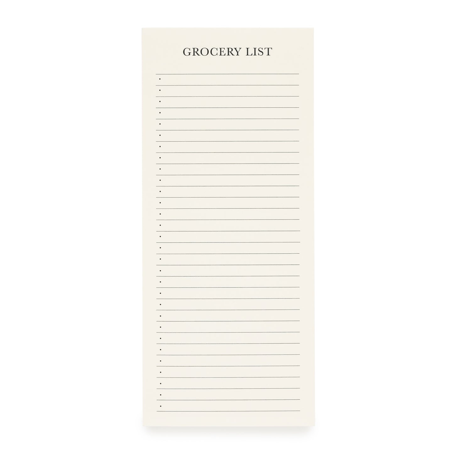 A beige grocery list pad with the title 'GROCERY LIST' at the top, followed by lines to write down your list of items, designed to be attached to a fridge with a magnet.