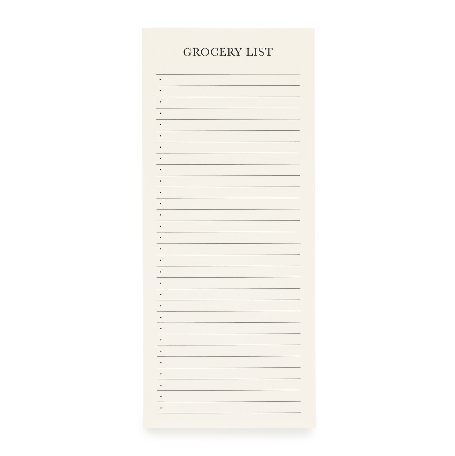 A beige grocery list pad with the title 'GROCERY LIST' at the top, followed by lines to write down your list of items, designed to be attached to a fridge with a magnet.}