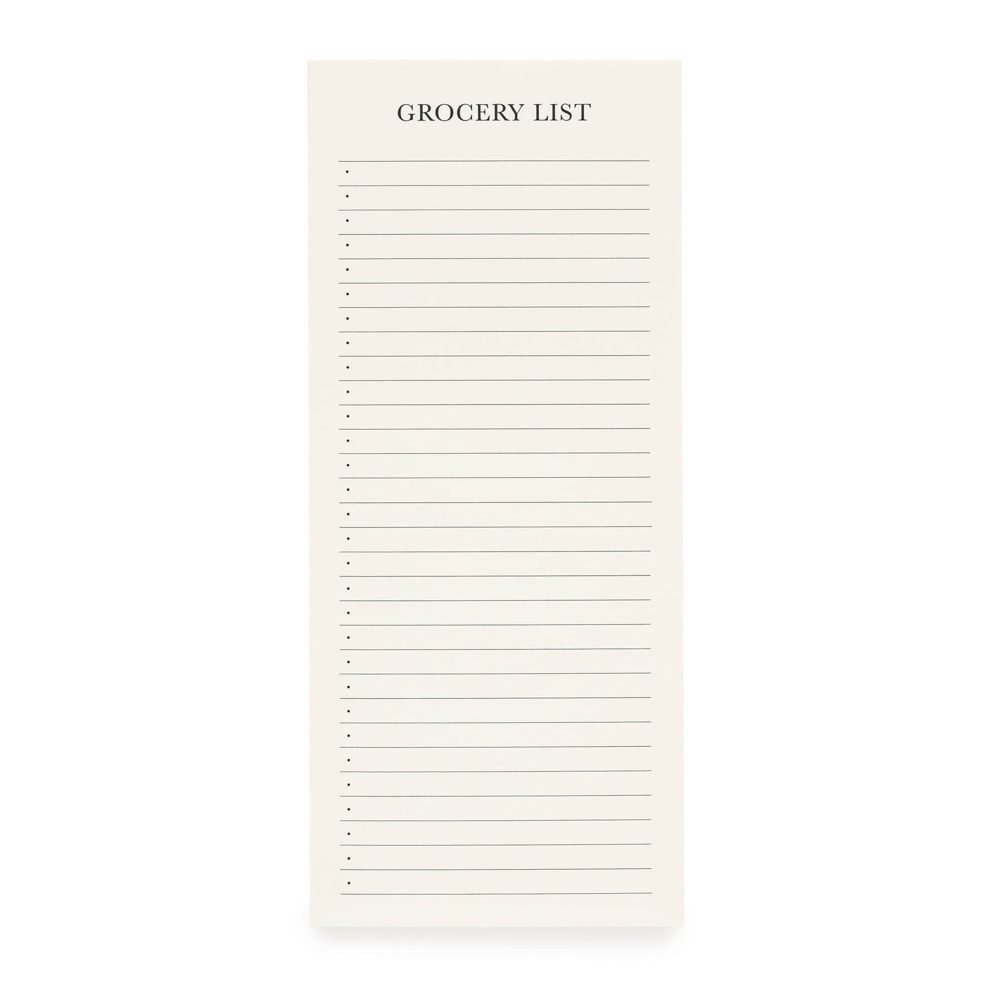 A beige grocery list pad with the title 'GROCERY LIST' at the top, followed by lines to write down your list of items, designed to be attached to a fridge with a magnet.