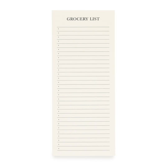 A beige grocery list pad with the title 'GROCERY LIST' at the top, followed by lines to write down your list of items, designed to be attached to a fridge with a magnet.