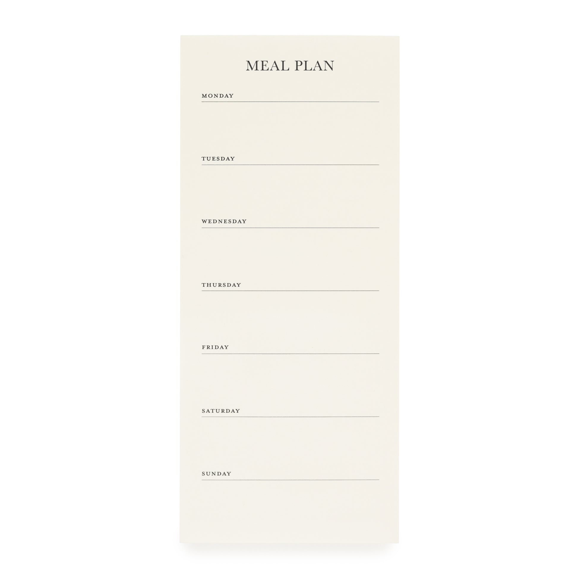 A beige meal plan pad with the title 'MEAL PLAN' at the top, followed by lines for each day of the week, designed to be attached to a fridge with a magnet.