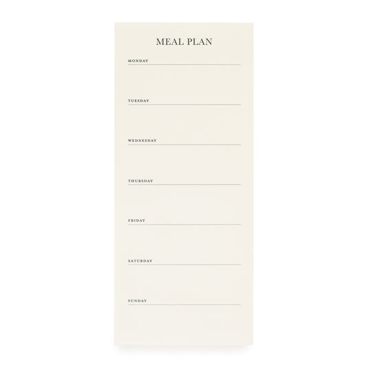 A beige meal plan pad with the title 'MEAL PLAN' at the top, followed by lines for each day of the week, designed to be attached to a fridge with a magnet.
