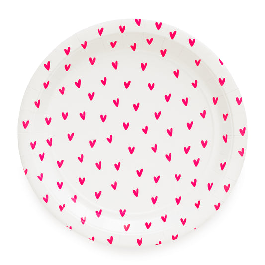Large white and neon pink heart paper plates