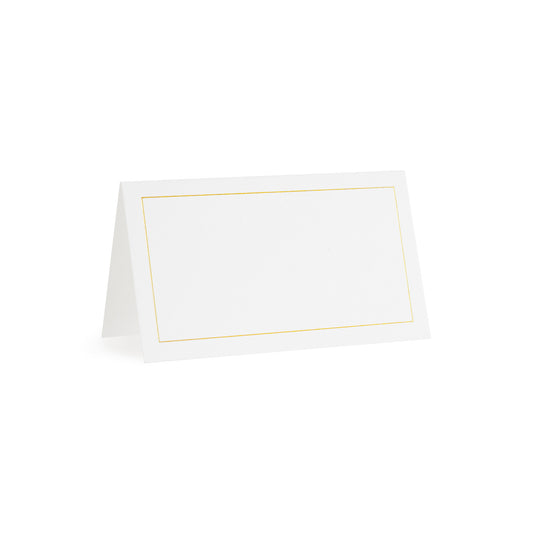 white tented place card with gold thin border