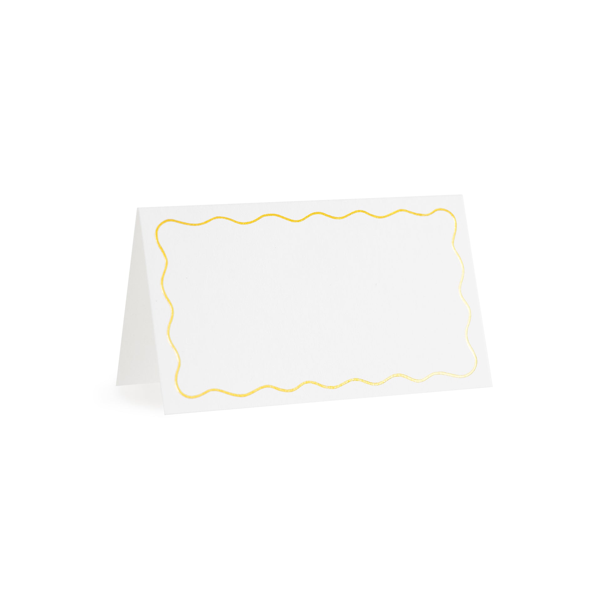 white tented place card with gold scallop border