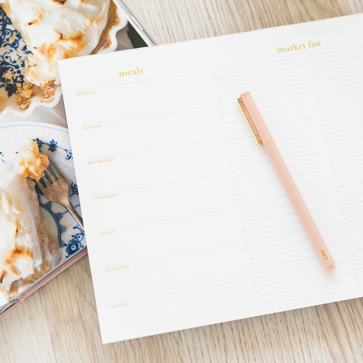 White meal planning and market list pad  with gold foil details