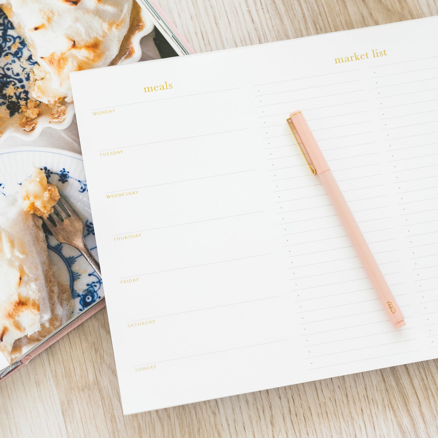 White meal planning and market list pad with gold foil details