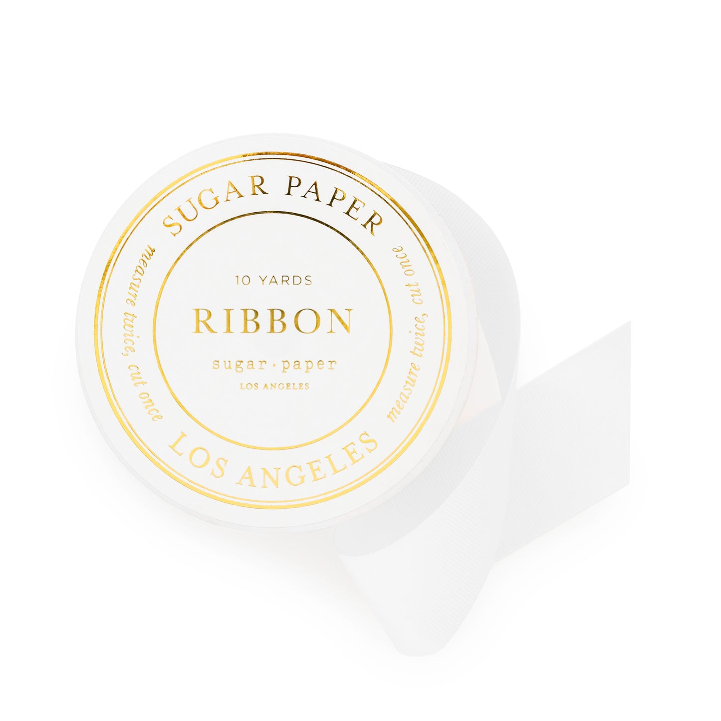 spool of white ribbon with gold foil details