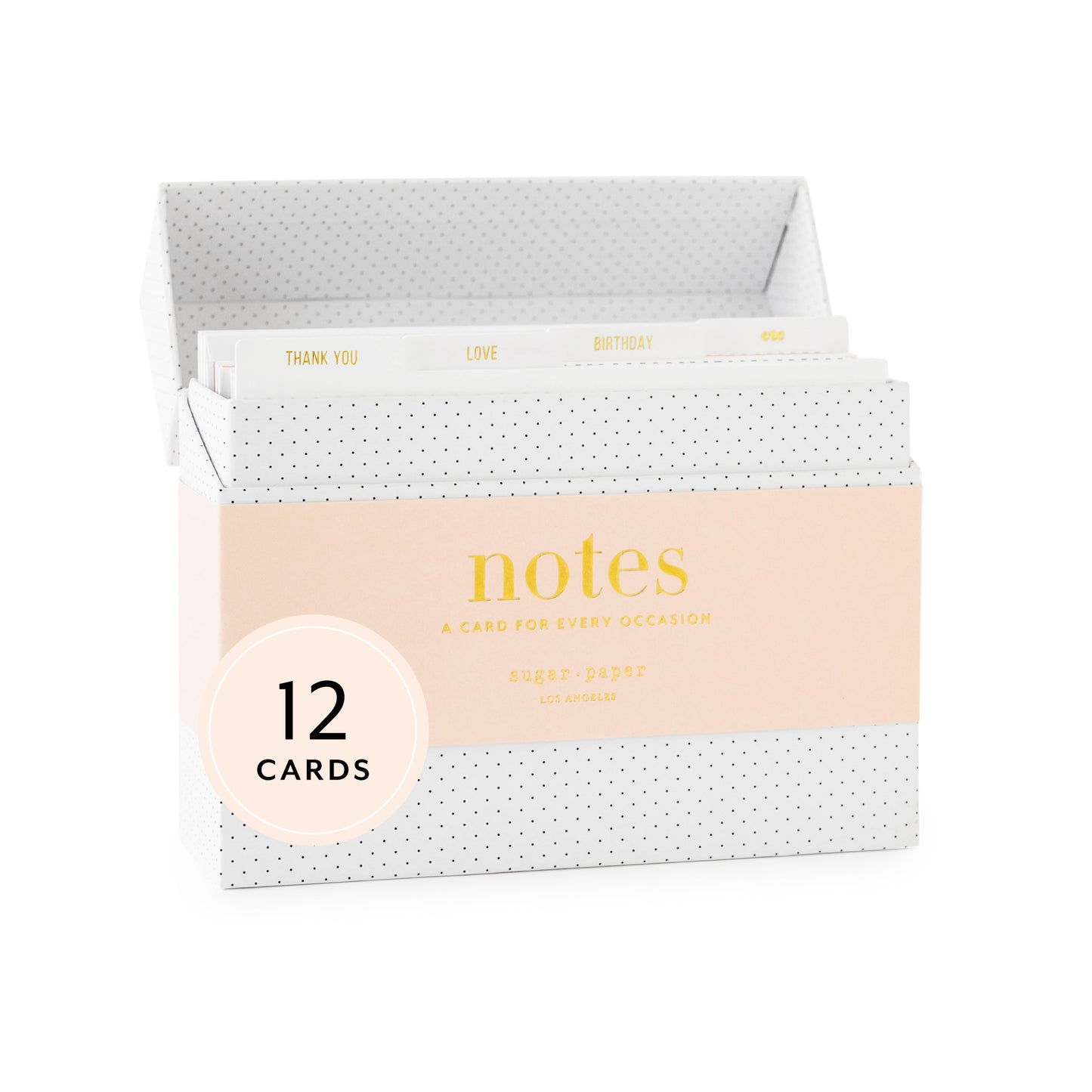 black and white dot box with a pink band with notes a card for every occasion - box is opened showing the various tabs of thank you, love, birthday, and etc