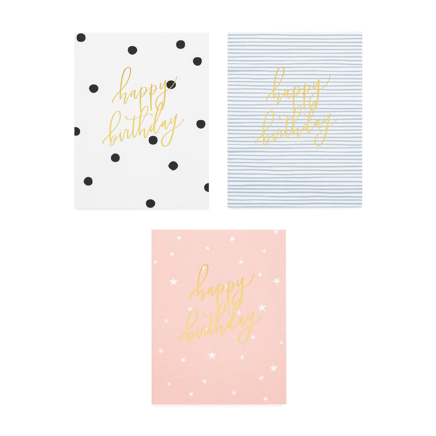 assorted happy birthday cards in black and white dot, blue and white stripe and pink with white stars all foil printed with happy birthday in gold script