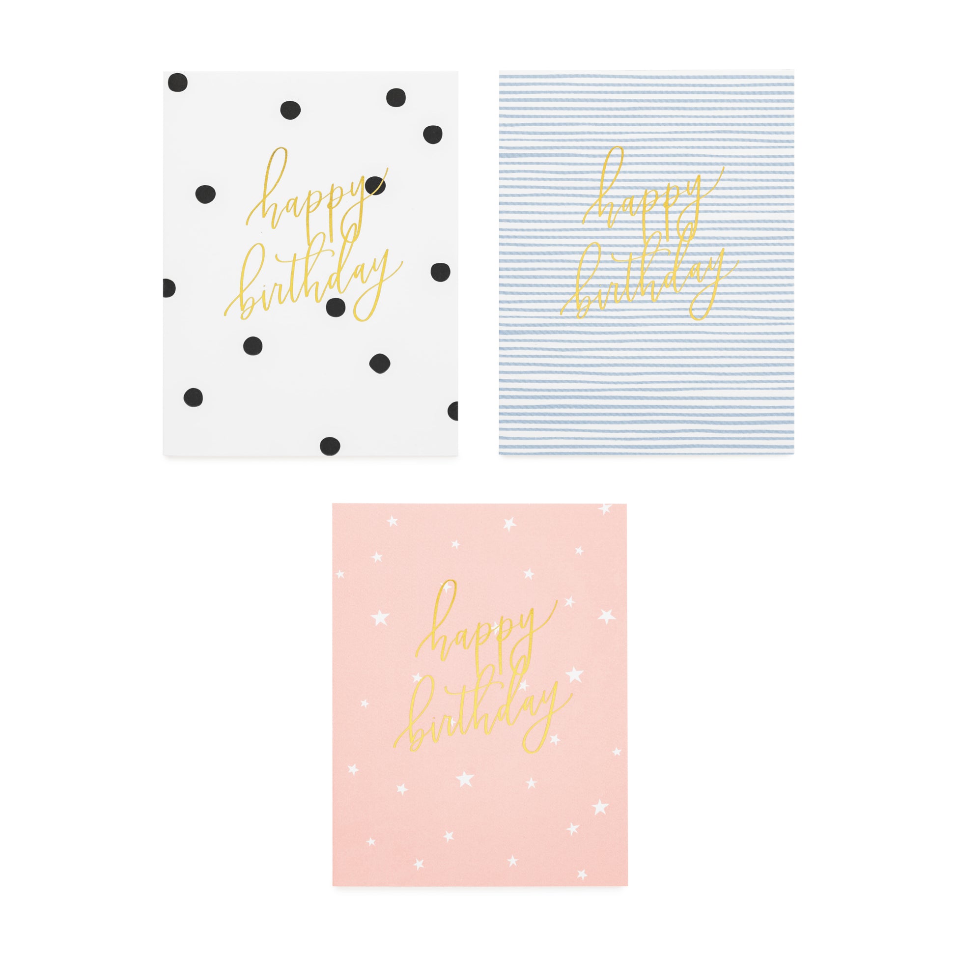 assorted happy birthday cards in black and white dot, blue and white stripe and pink with white stars all foil printed with happy birthday in gold script