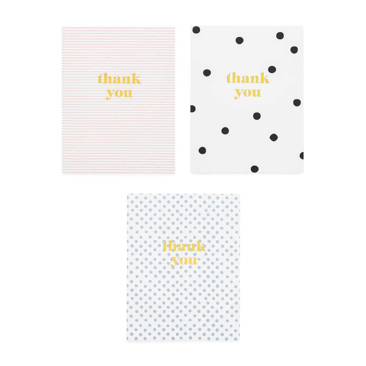 assorted thank you cards in black and white dot, pink and white stripe, and blue and white dot all foil printed with thank you in gold
