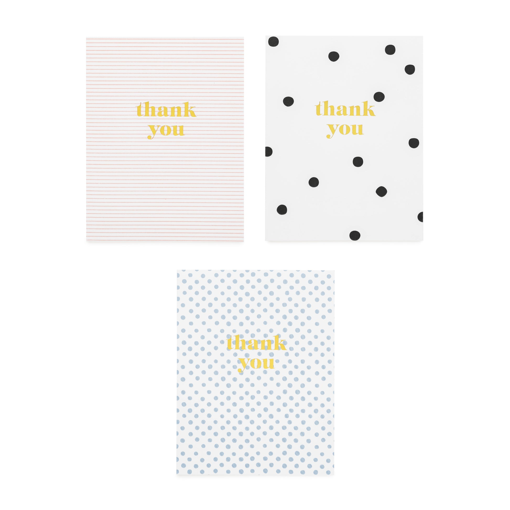 assorted thank you cards in black and white dot, pink and white stripe, and blue and white dot all foil printed with thank you in gold