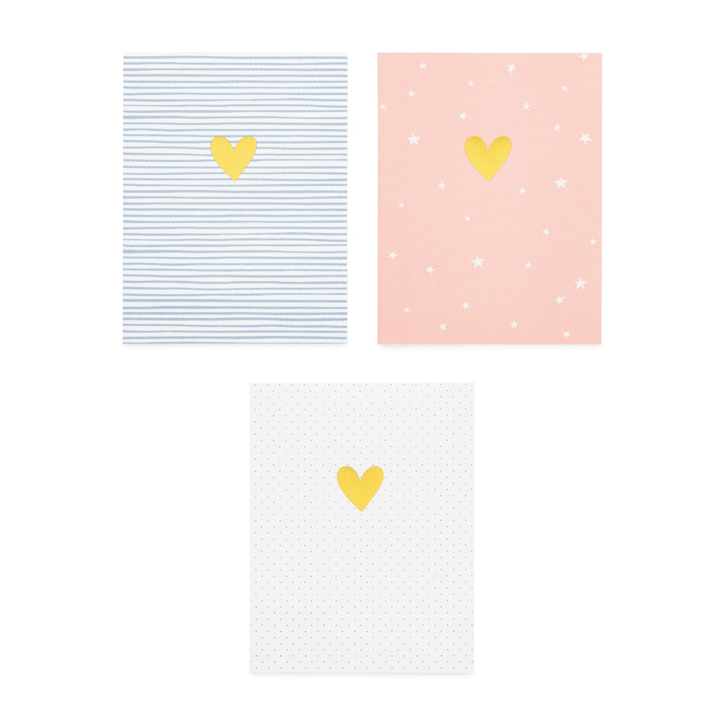 assorted heart cards in blue and white stripe, pink and white stars, and black and white dot, all foil printed with a gold heart