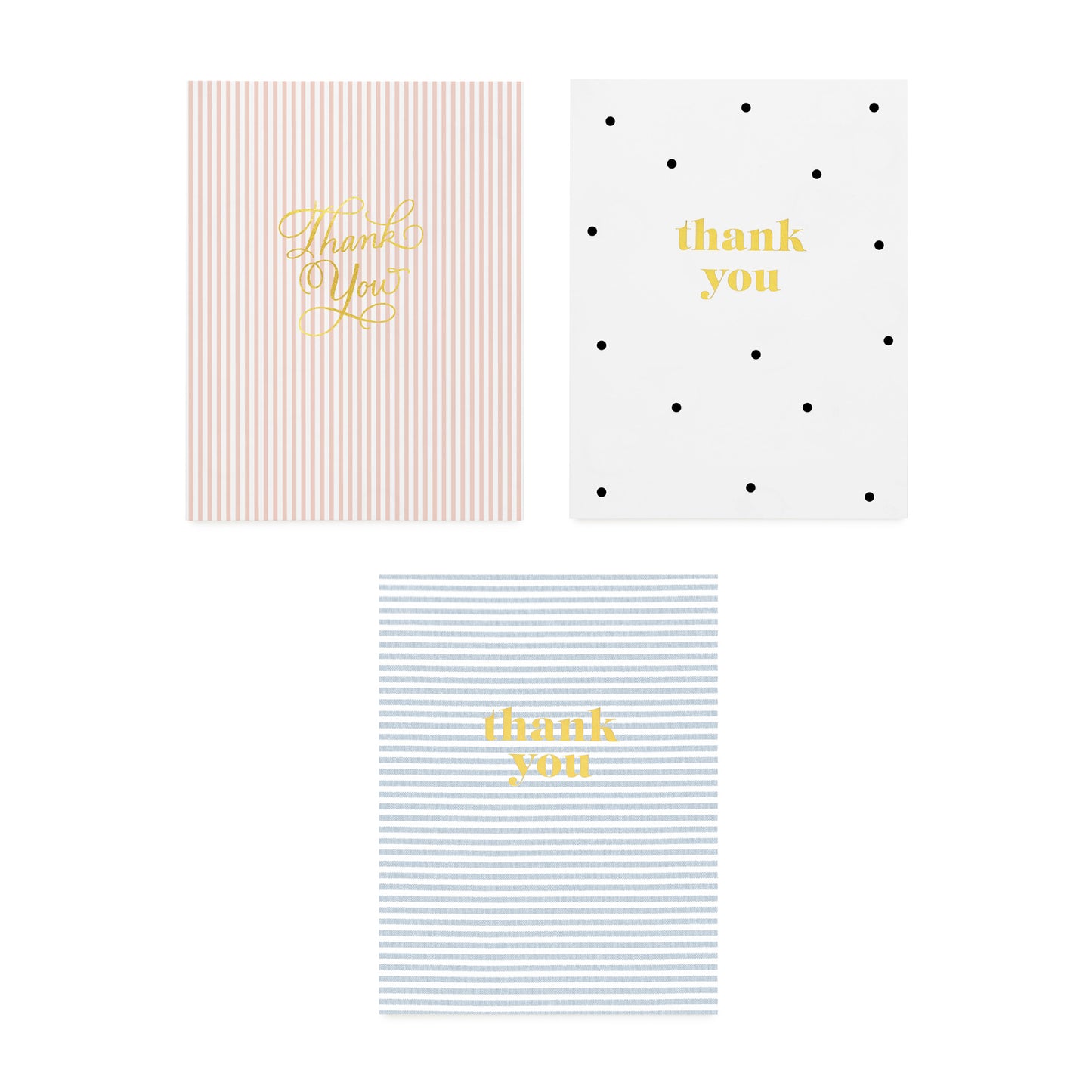 assorted thank you cards in black and white dot, pink and white stripe, and blue and white stripe all foil printed with thank you in gold