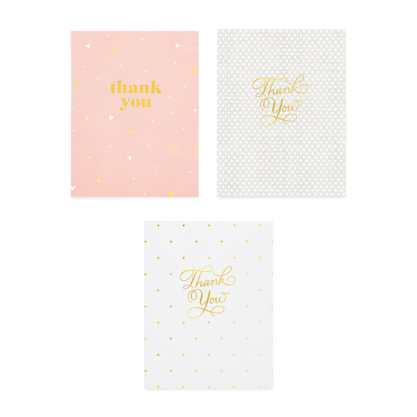 assorted thank you cards in pink with white and gold stars, grey and white dot, and white and gold dot all foil printed with thank you in gold