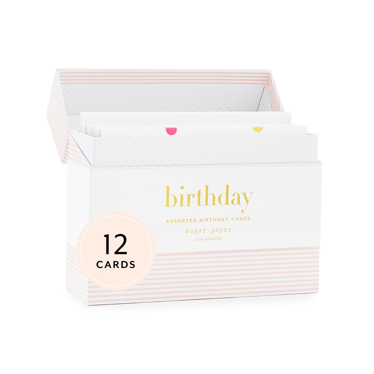 pink and white box printed in gold with birthday assorted birthday cards - box is opened showing the various cards and envelopes