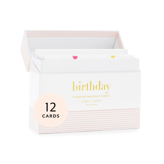 pink and white box printed in gold with birthday assorted birthday cards - box is opened showing the various cards and envelopes