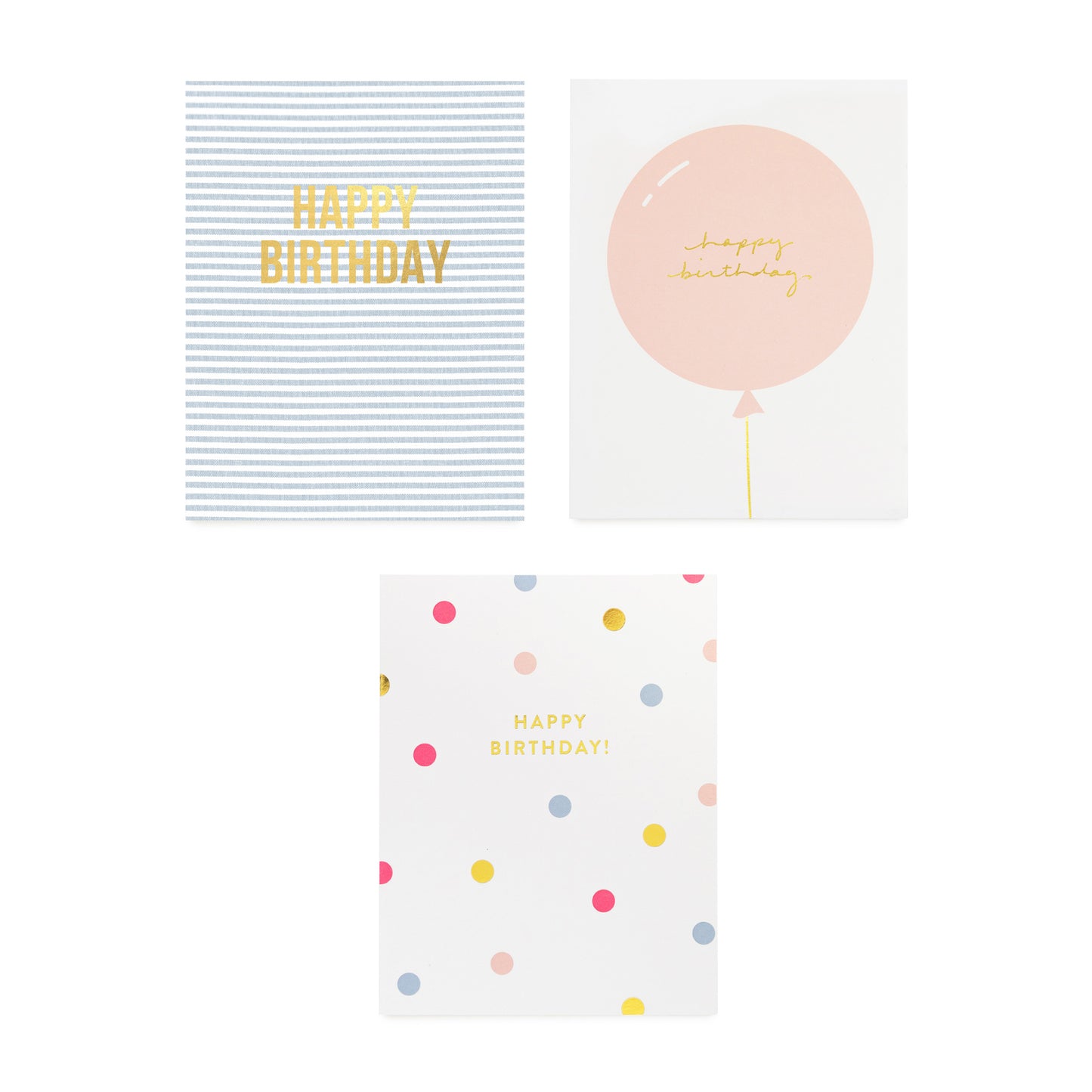 assorted birthday cards in blue and white stripe, white with a pink balloon, and multicolor dot, foil printed with happy birthday in gold script