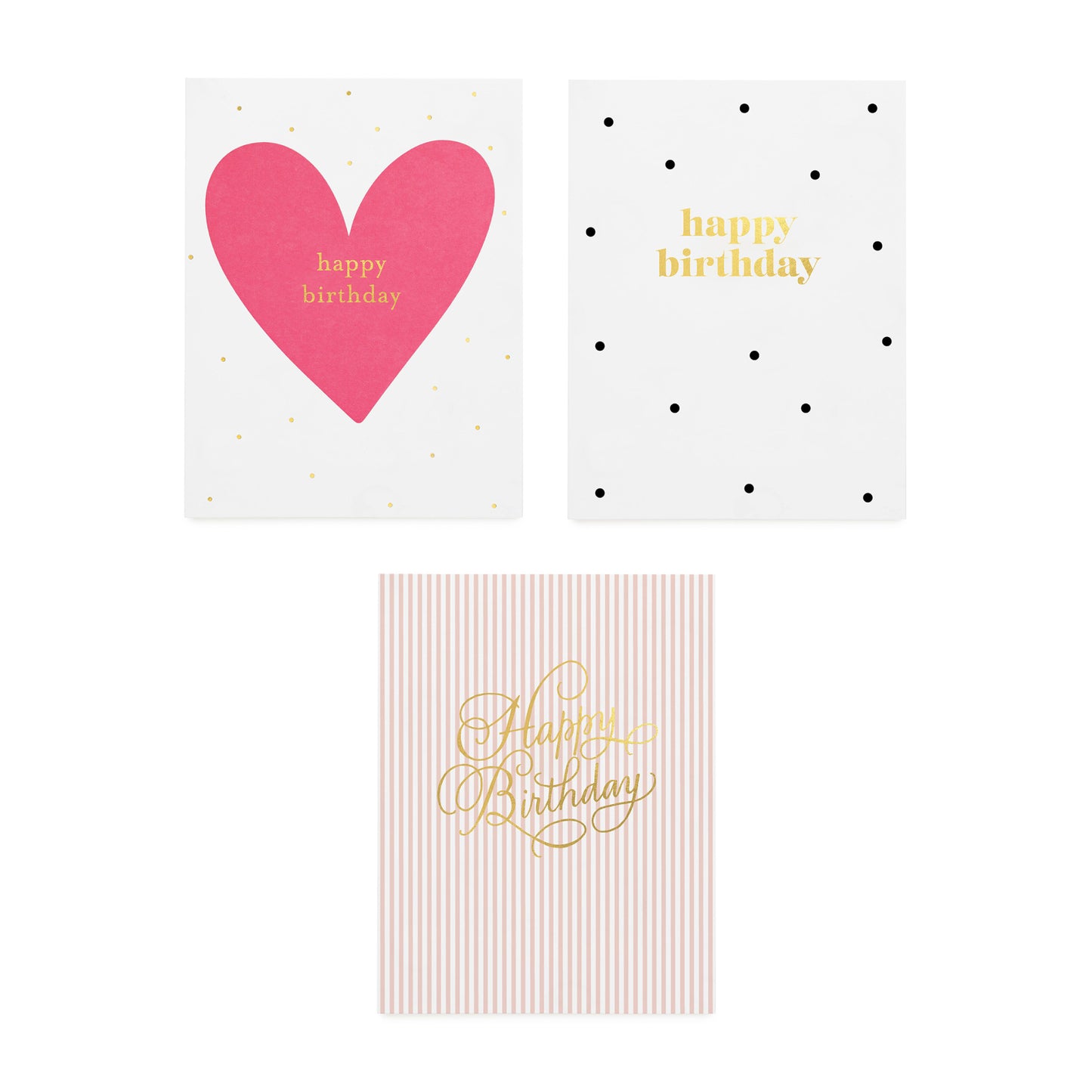 Assorted happy birthday cards with a hot pink heart with gold foil happy birthday, black and white dot card with gold foil happy birthday and pink stripe card with happy gold foil birthday