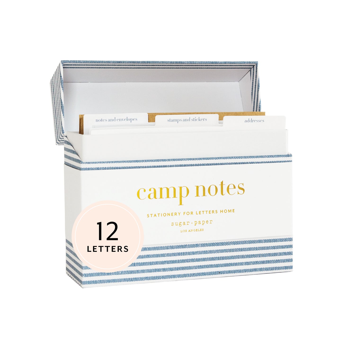 Blue and white stripe camp note box open showing tabs of notes and envelopes, stamps and stickers, addresses, and noting 12 letters inside