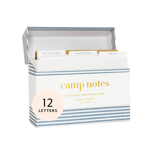 Blue and white stripe camp note box open showing tabs of notes and envelopes, stamps and stickers, addresses, and noting 12 letters inside