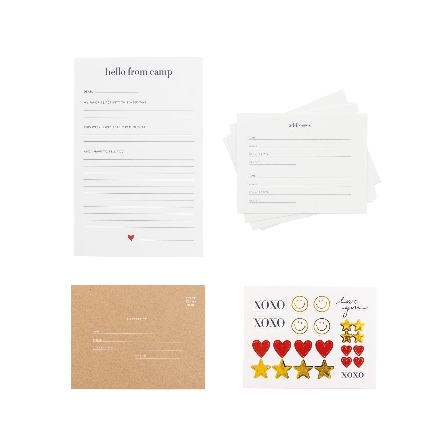 camp notes set showing the hello from camp note, address cards, kraft envelope printed with a letter to and address details, and a pack of assorted stickers with xoxo, smiley faces, love you, hearts and stars