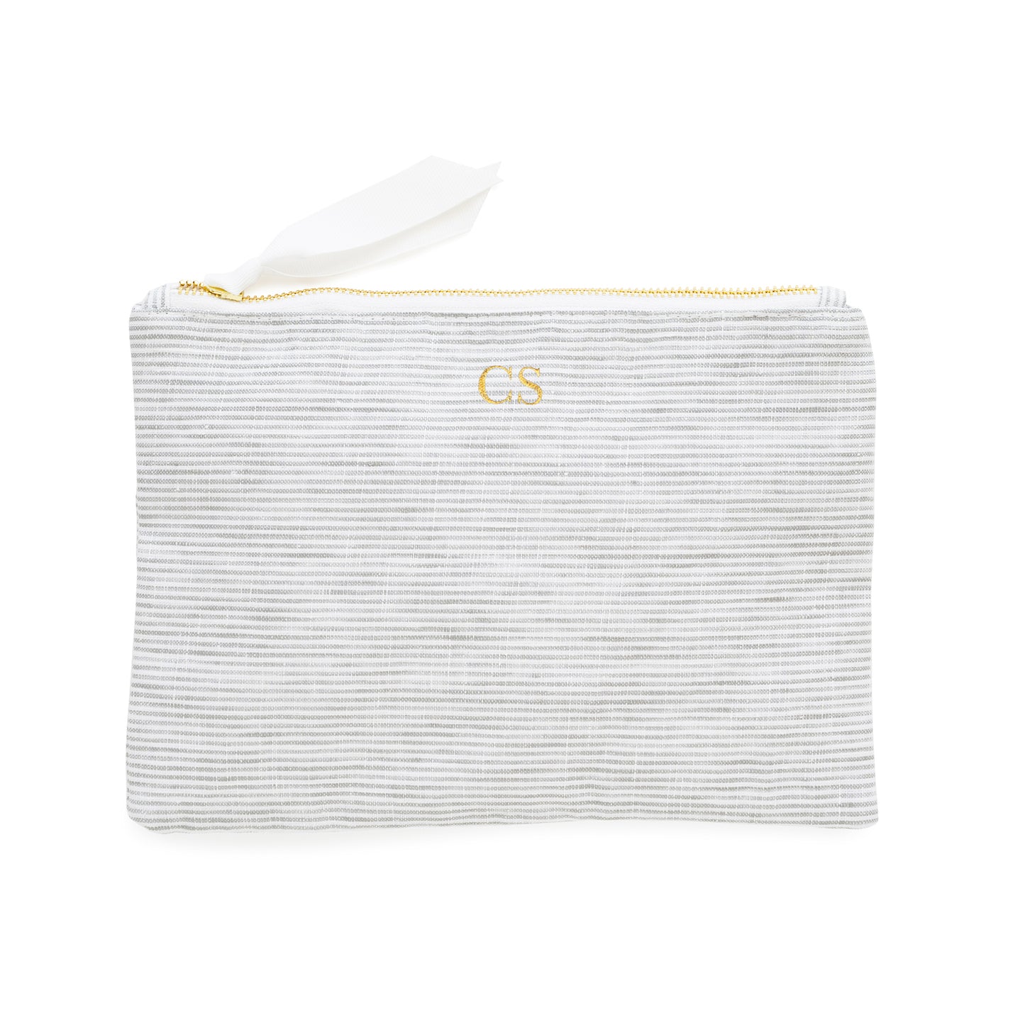 grey and white stripe zippered pouch with gold foil initials
