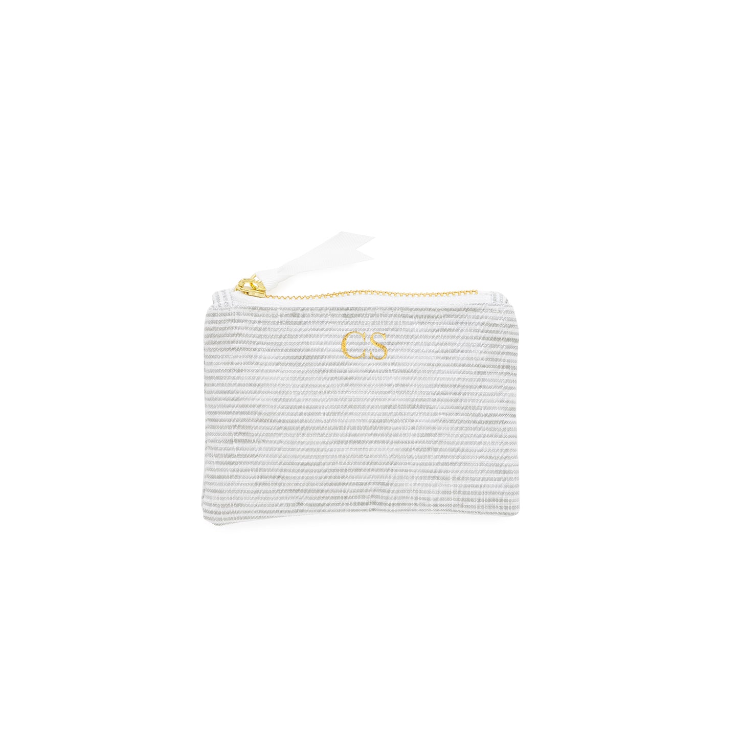 Striped mini pouch with a gold zipper, white ribbon pull, and gold foil initials