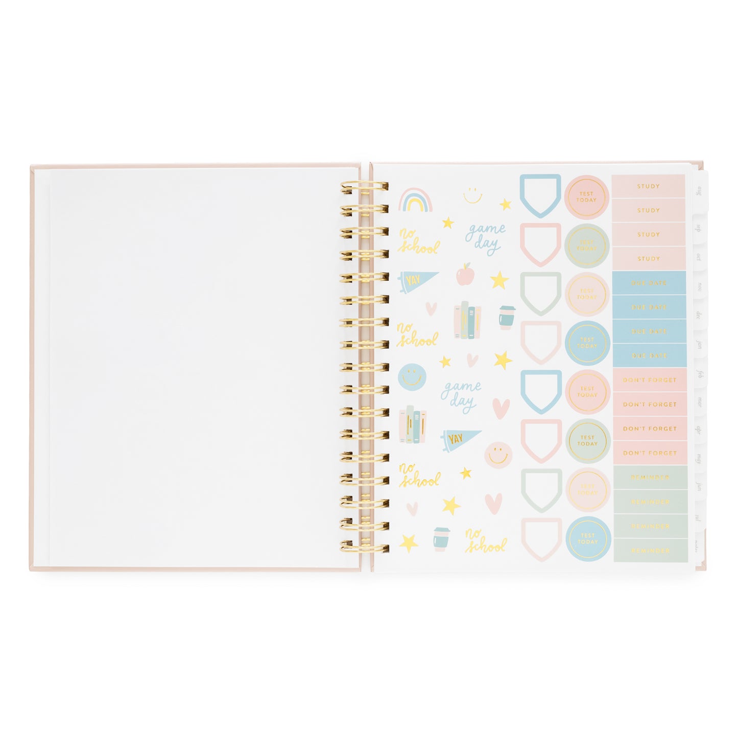 pink, green, blue and gold stickers inside student planner
