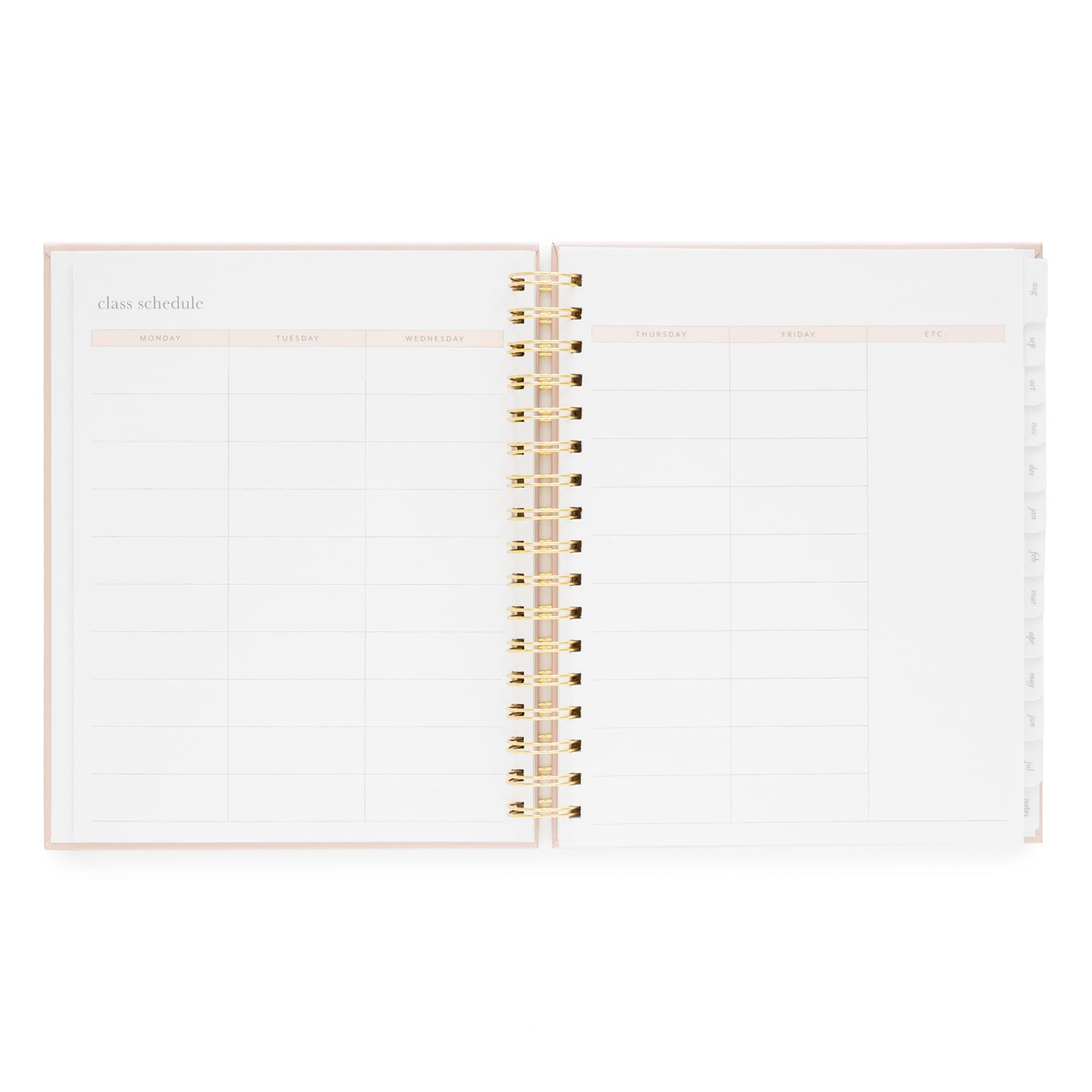 Class schedule layout of student planner
