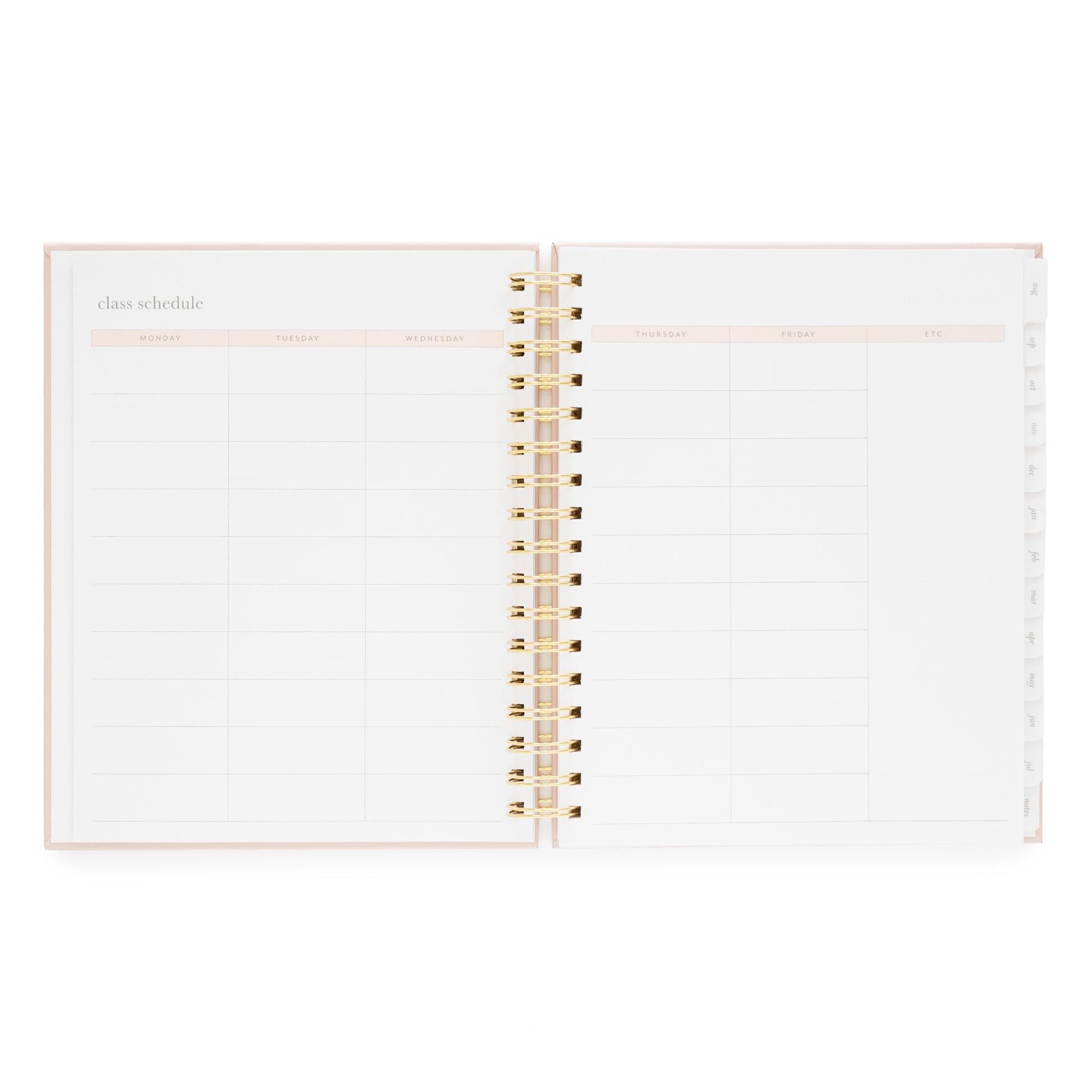Class schedule layout of student planner