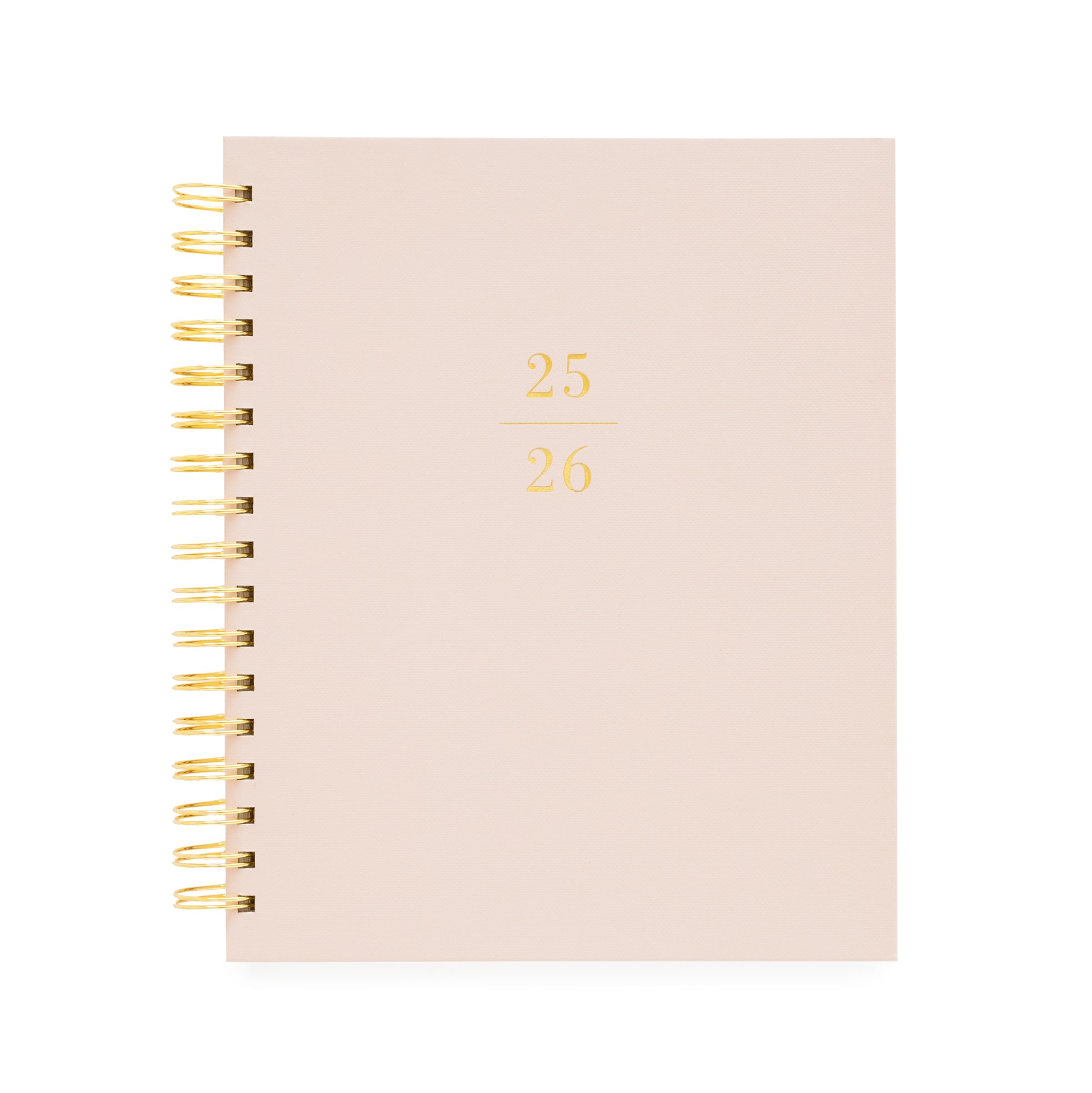 Dusty rose signature spiral planner with 25/26 on the cover in gold foil and a gold spiral binding