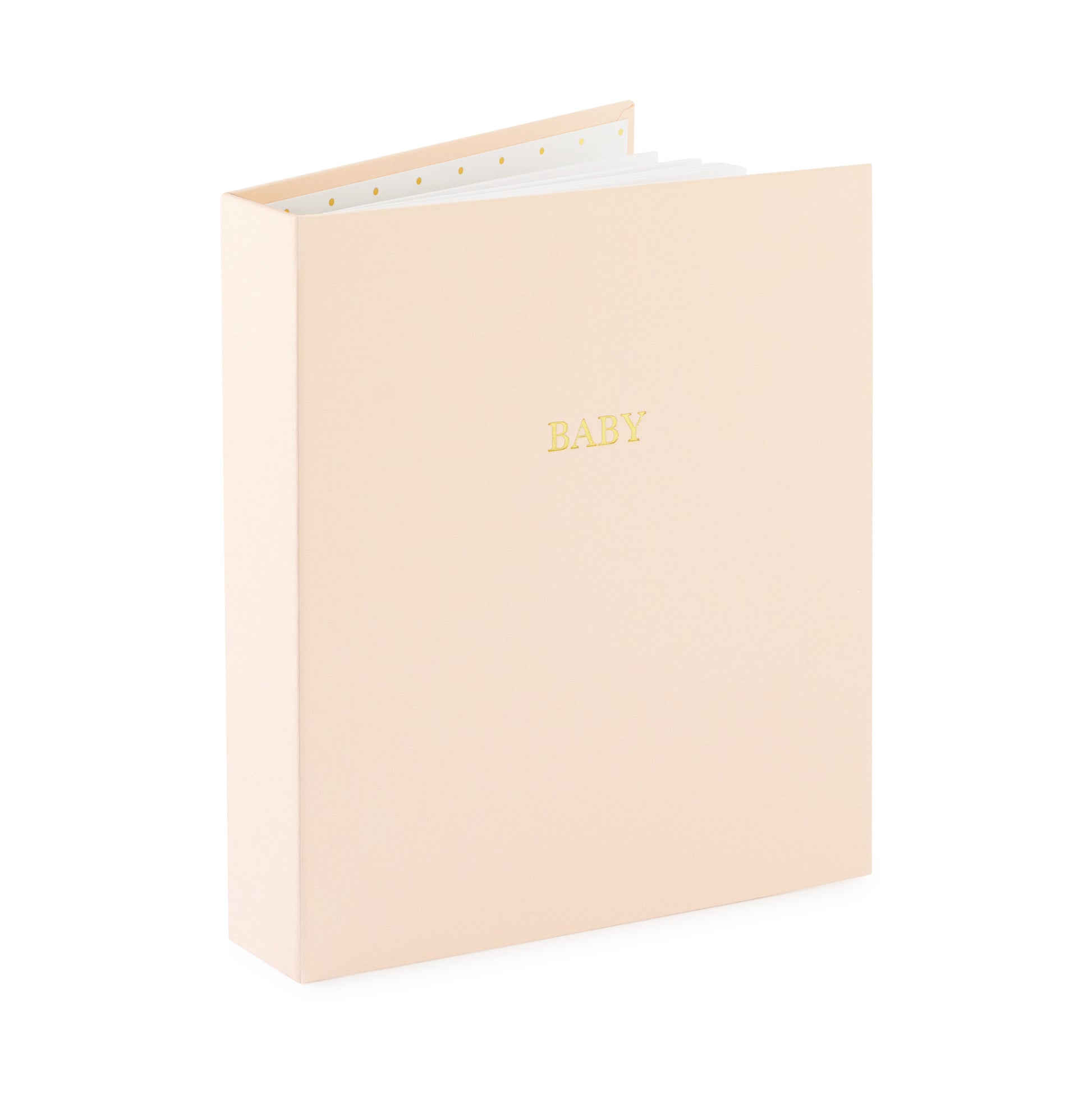 pink fabric baby book book open standing up foil stamped with baby in gold on the cover