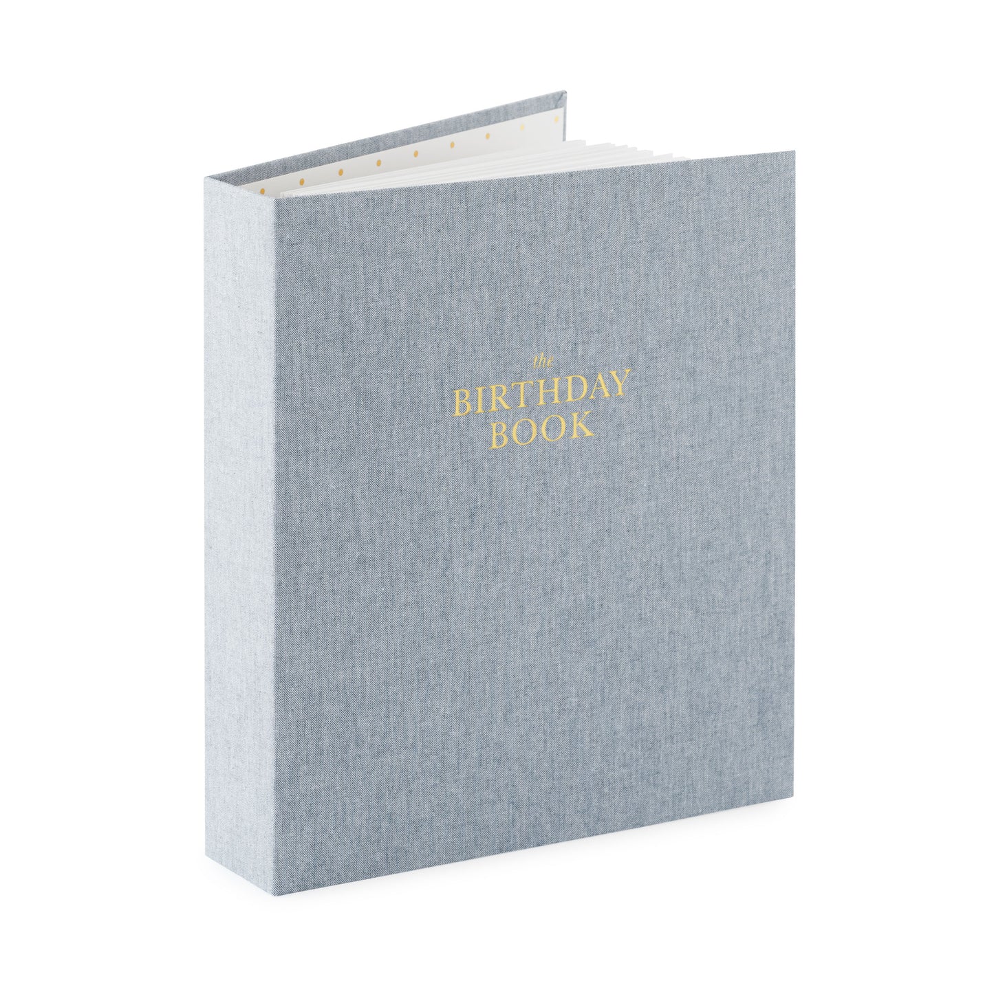 chambray fabric birthday book open standing up foil stamped with the birthday book on the cover
