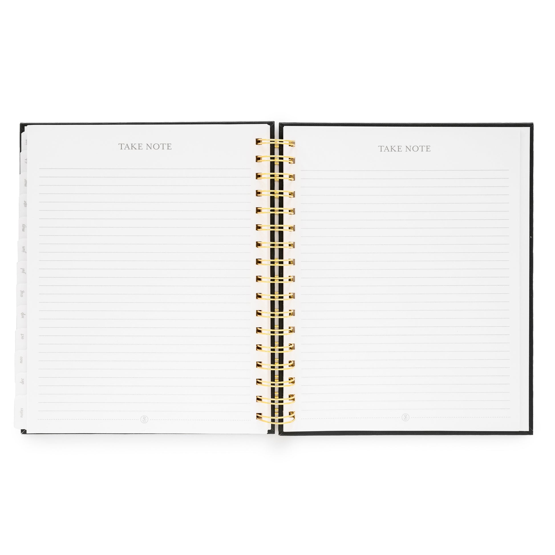 Open spiral planner with lined note pages with "Take Note"